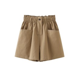 Order solid color two-sided large pockets five-point women's shorts custom elastic waist high waist wide legs shorts women's shorts supplier SKSP046 Order solid color two-sided large pockets five-point women's shorts custom elastic waist high waist wide legs shorts women's shorts supplier SKSP046